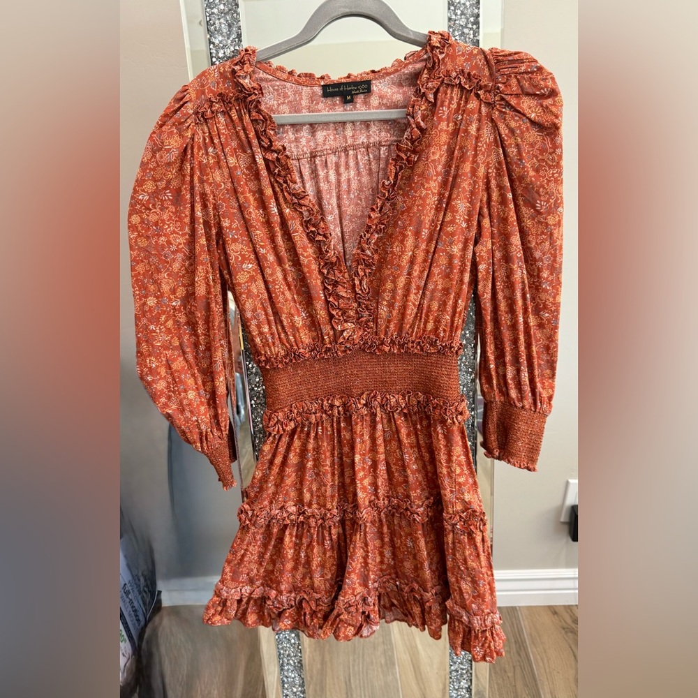 House of Harlow 1960 Smocked Puff Sleeve Mini Dress in Brown and Orange